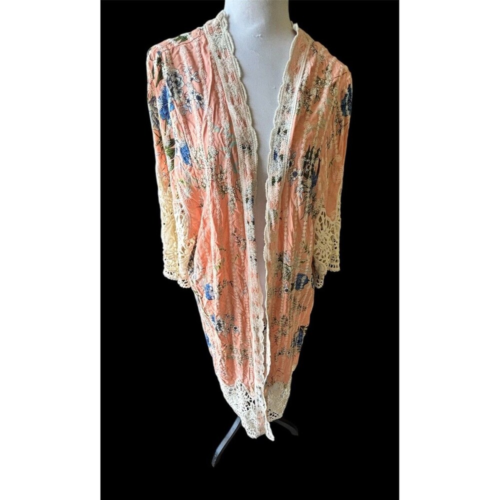 UMGEE Maxi Length Cardigan Coverup Kimono Embroidered Crochet Bohemian Floral OS